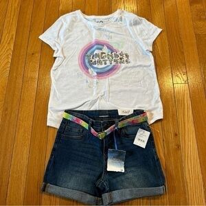 New NWT So Brand Outfit Sequin T-Shirt Studio V Denim Jean Belted Shorts 10/12